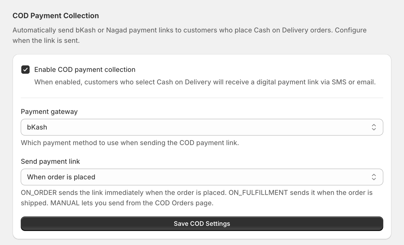 BD Wallet automated payment link sent to customer mobile for bKash and Nagad COD collection on Shopify