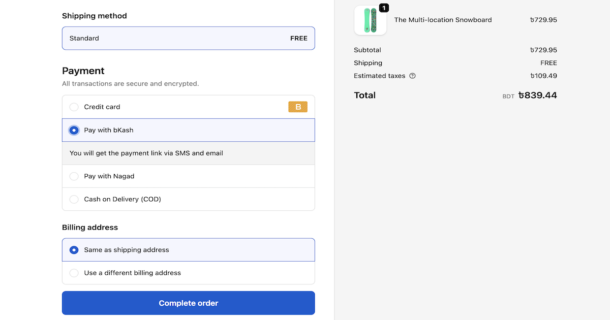 BD Wallet app dashboard showing bKash and Nagad payment methods in Shopify checkout page for Bangladeshi merchants
