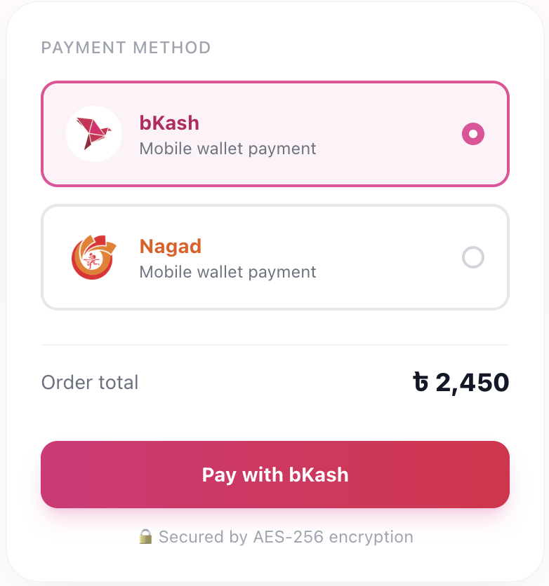 BD Wallet automated payment link sent to customer mobile showing both bKash and Nagad options at checkout
